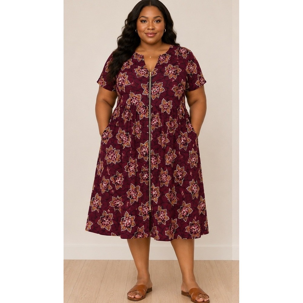 Mae Otti‎ African Print Floral Midi Dress XL Burgundy Zip Front Cotton Modest